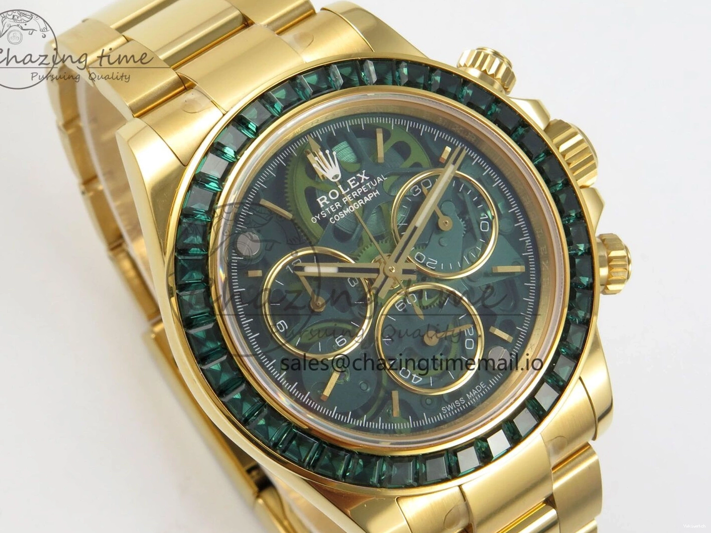 Bezel YG Crystals MPF SA4801 Skeleton Bracelet Custom 40mm Modded Green Dial Daytona on 0427